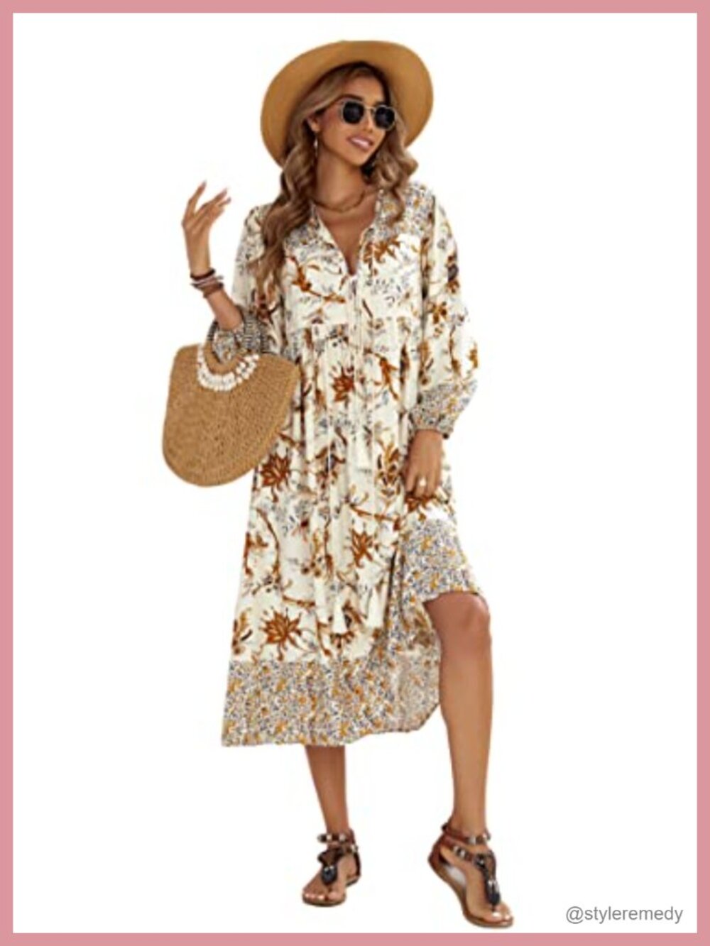 R.Vivimos Long Sleeve Boho Floral Midi Dress Deep V-Neck Front Tie